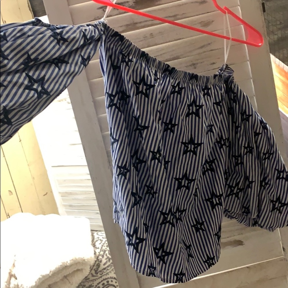 Blue start and stripe off the shoulder top